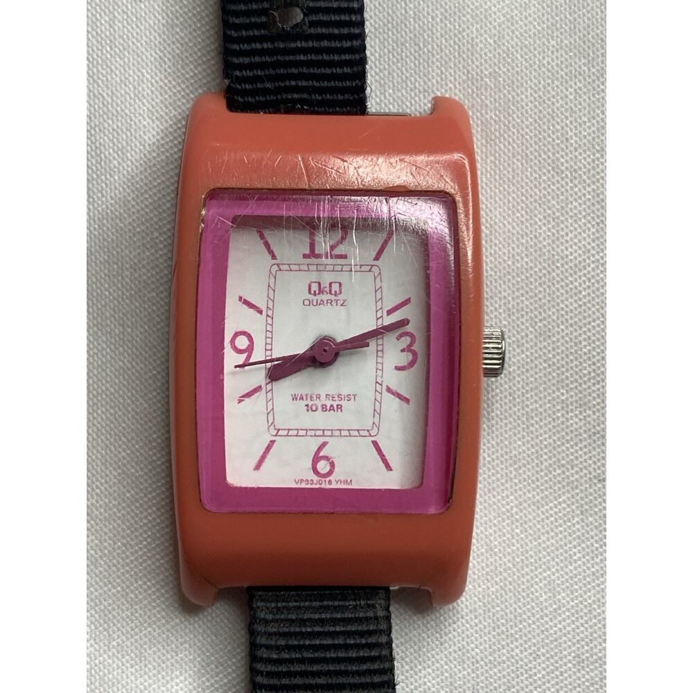 Q&Q Quartz Watch Women Pink Orange Tank Square 10 Bar Water Resist Black Nylon